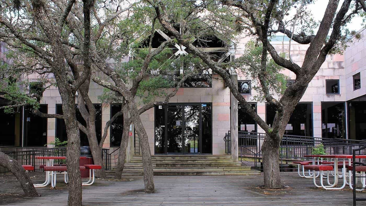 A large timber deck at a university cafeteria